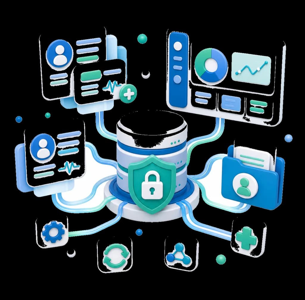 Patient records flowing through a locked, shielded data hub — minimal data footprint by design