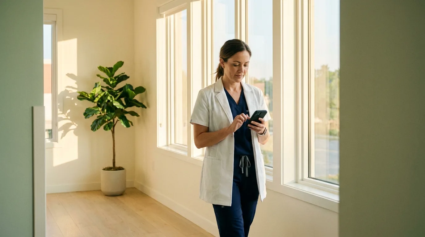 A nurse practitioner logging her day on her phone in a care facility